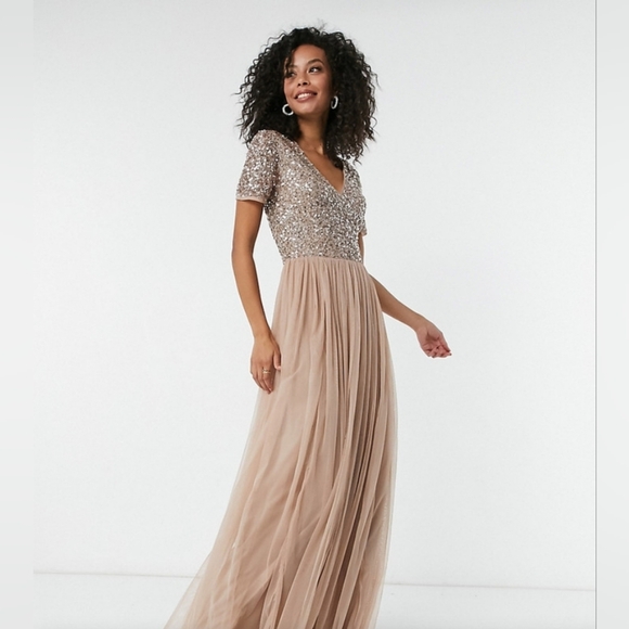 NWT Maya tall bridesmaid dress with sequins, tulle, in taupe blush. Size 10. - Picture 3 of 8